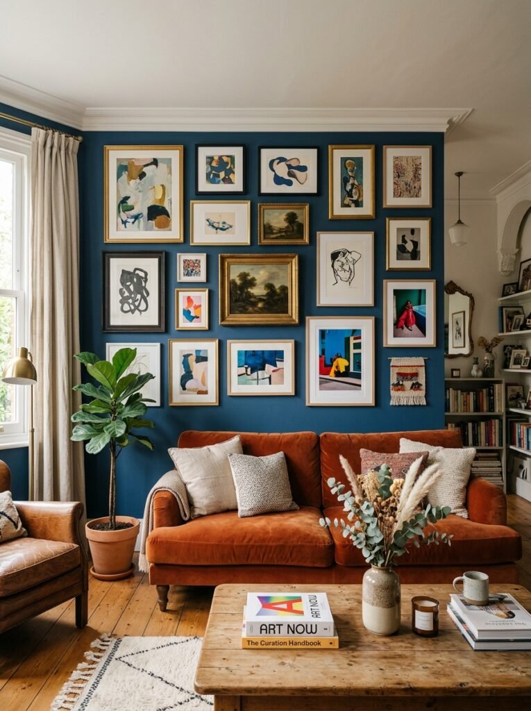 gallery wall art in a living room 