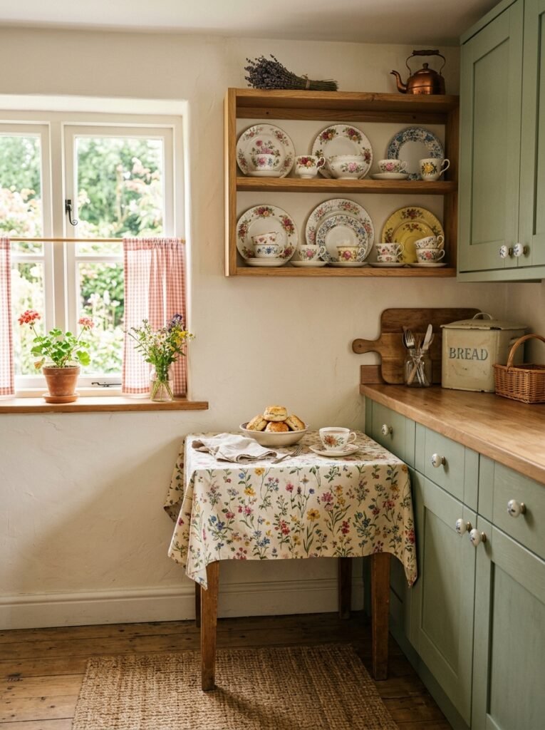 budget cottagecore kitchen with sage cabinets and thrifted plates