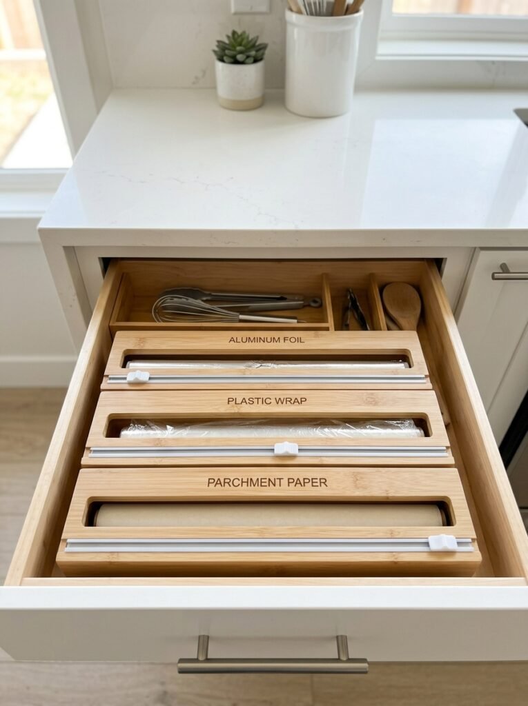 Bamboo foil and plastic wrap dispenser with slide cutters inside a kitchen drawer.