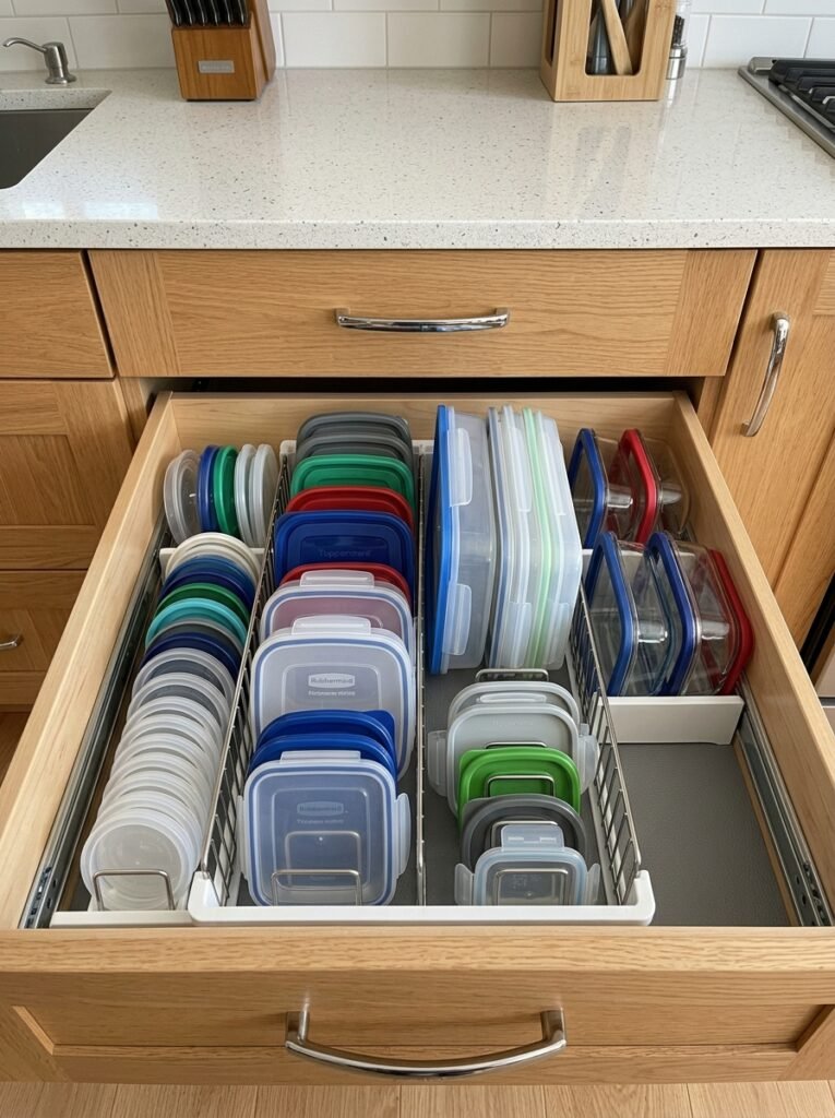 Food container lids stored upright in an adjustable organizer inside a drawer.