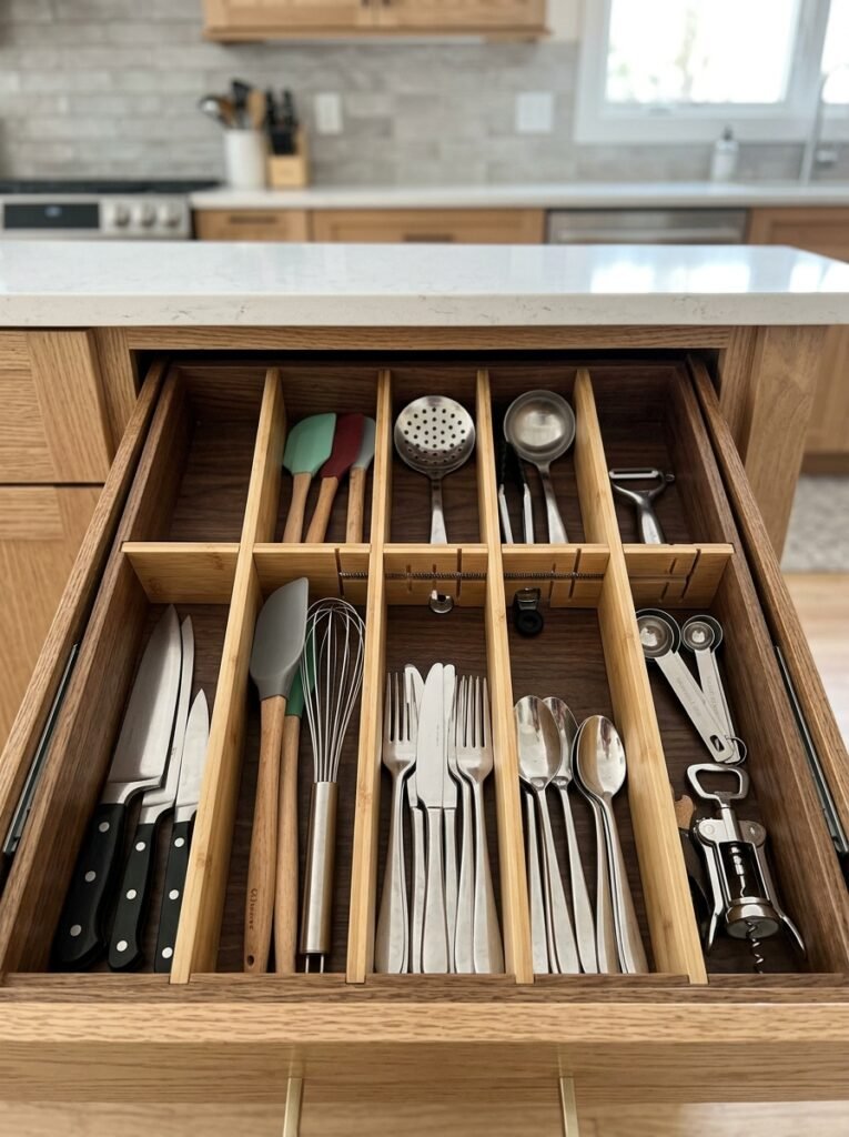 Kitchen drawer organized with spring-loaded adjustable bamboo dividers.