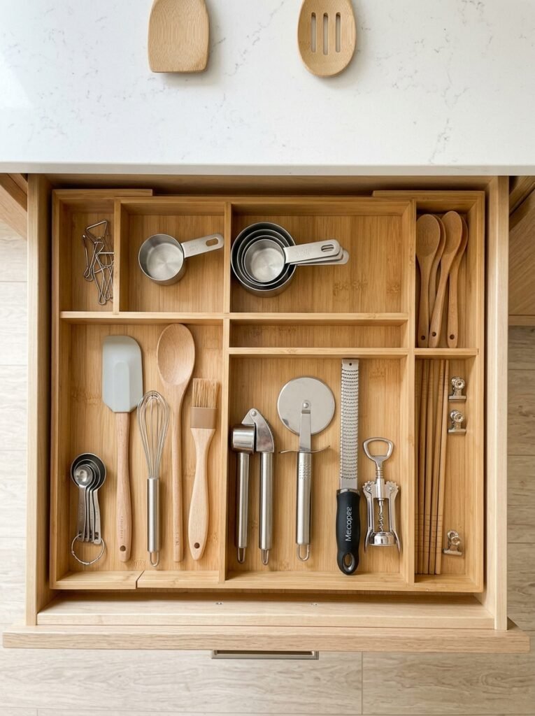 Open kitchen drawer fitted with an expandable bamboo organizer holding utensils.