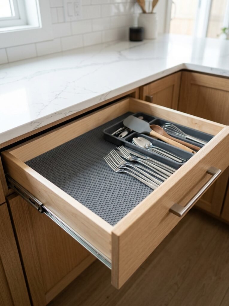 Clean textured non-slip silicone liner laid flat inside an open kitchen drawer.
