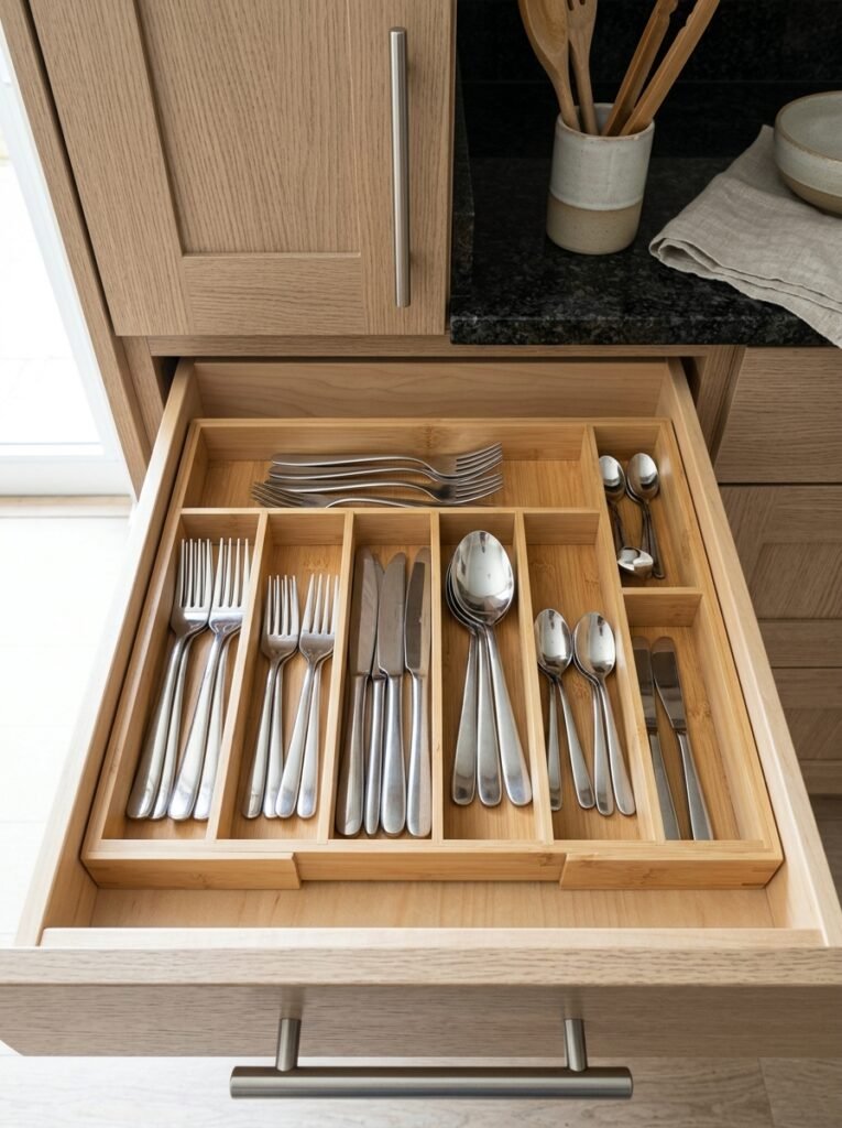 Expanded bamboo silverware tray holding forks, knives, and spoons in a drawer.