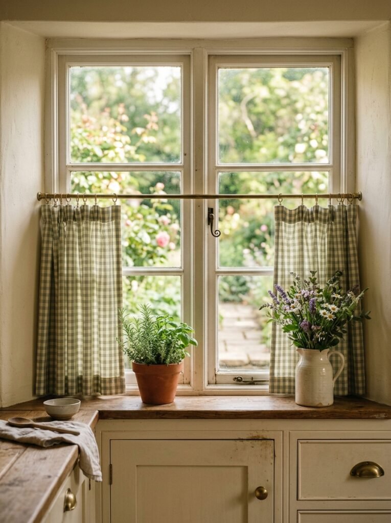 gingham cafe curtains on a cottagecore kitchen window