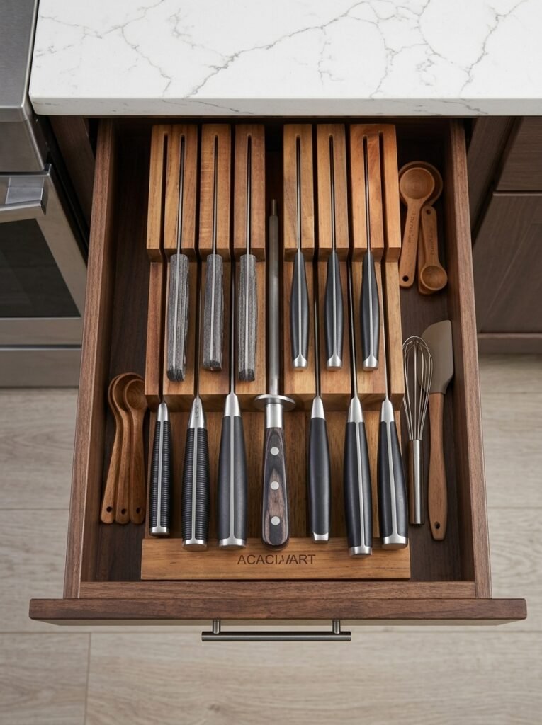 Wooden in-drawer knife block holding kitchen knives safely inside an open drawer.