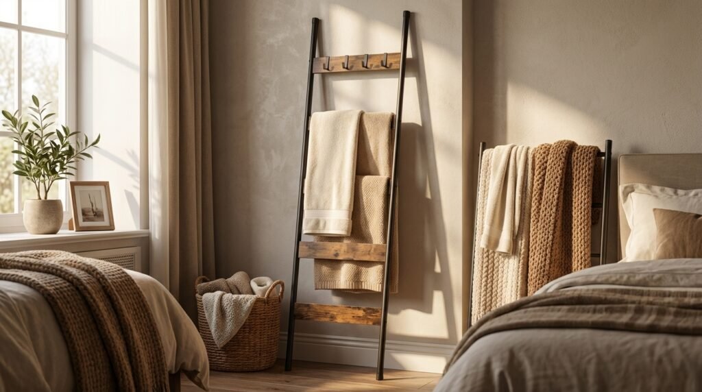 17 Amazing Bedroom Organization Ideas You Never Thought Of ladder shelf with towels blankets 87d9281e26