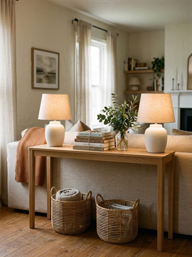 wooden console table with lamps behind a sofa in a cozy living room