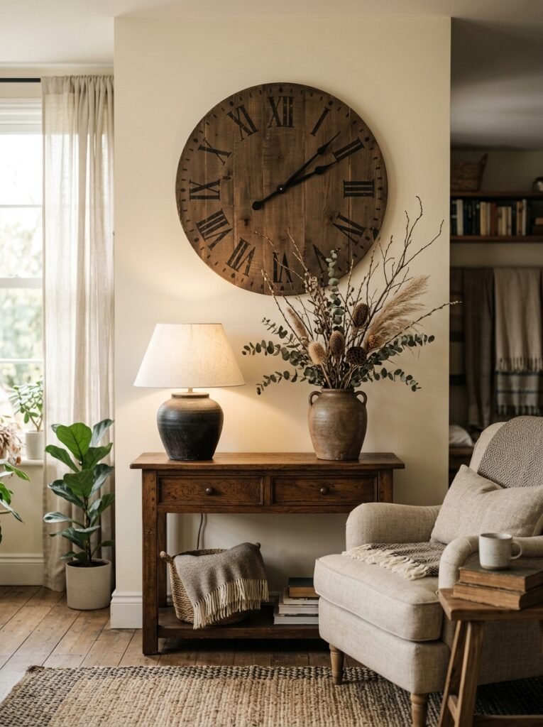 oversized wooden wall clock above a console table in a cozy living room