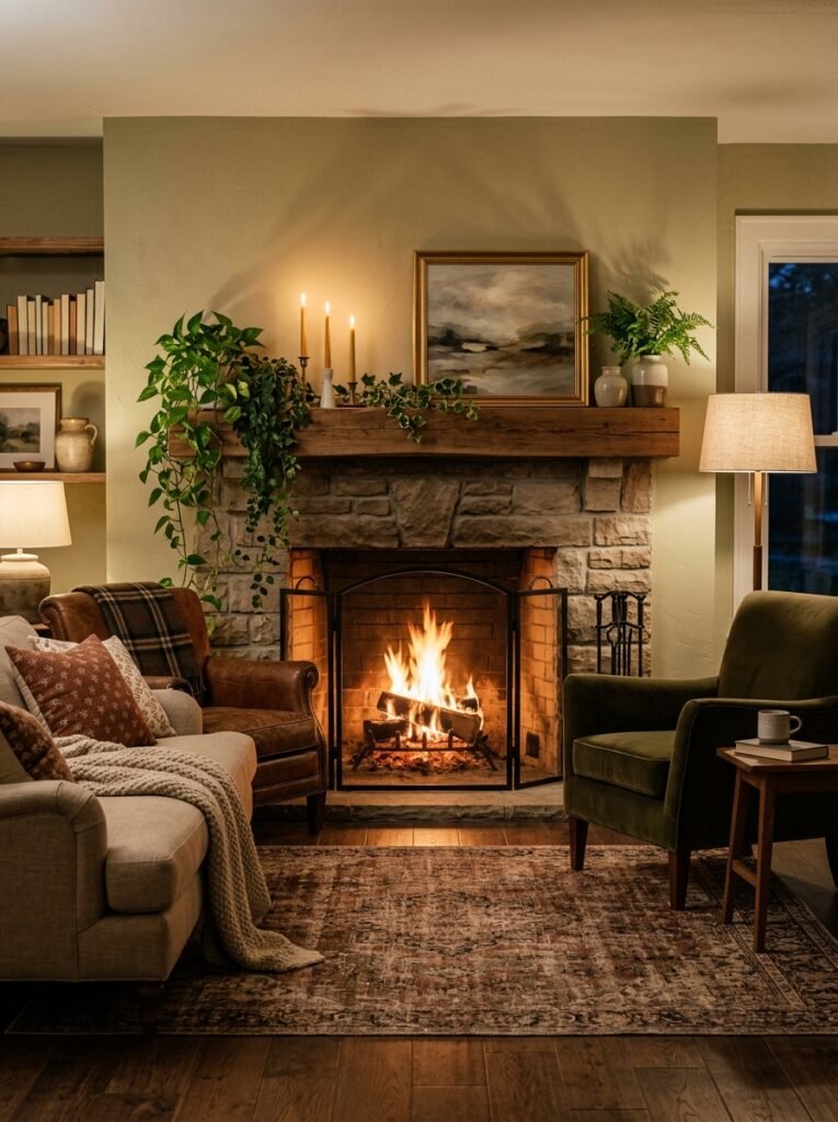 cozy living room arranged around a glowing fireplace with a styled mantel