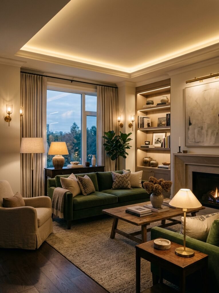 living room with layered lighting 