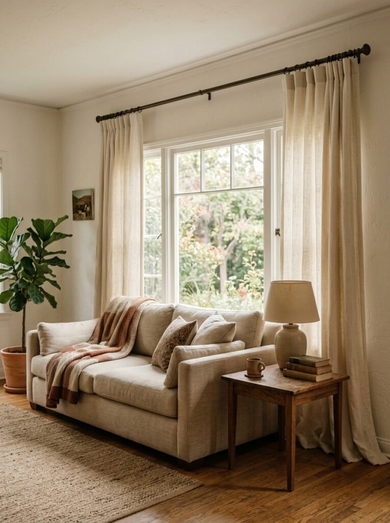 floor to ceiling linen curtains hung high in a cozy living room