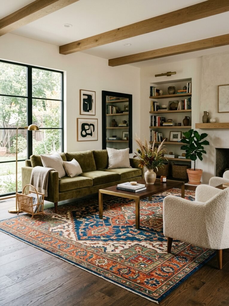 living room with statement rug 