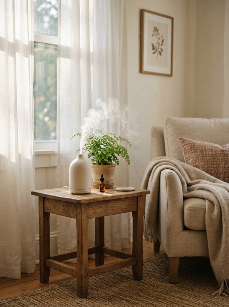 essential oil diffuser on a side table in a cozy living room