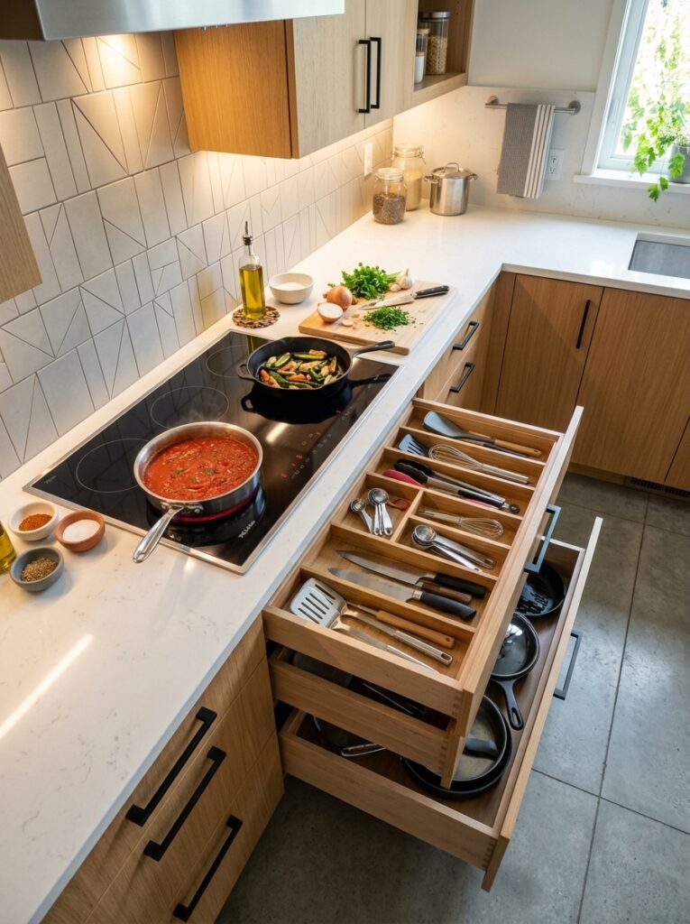 Open kitchen drawers near a stove organized by use for cooking tools and utensils.