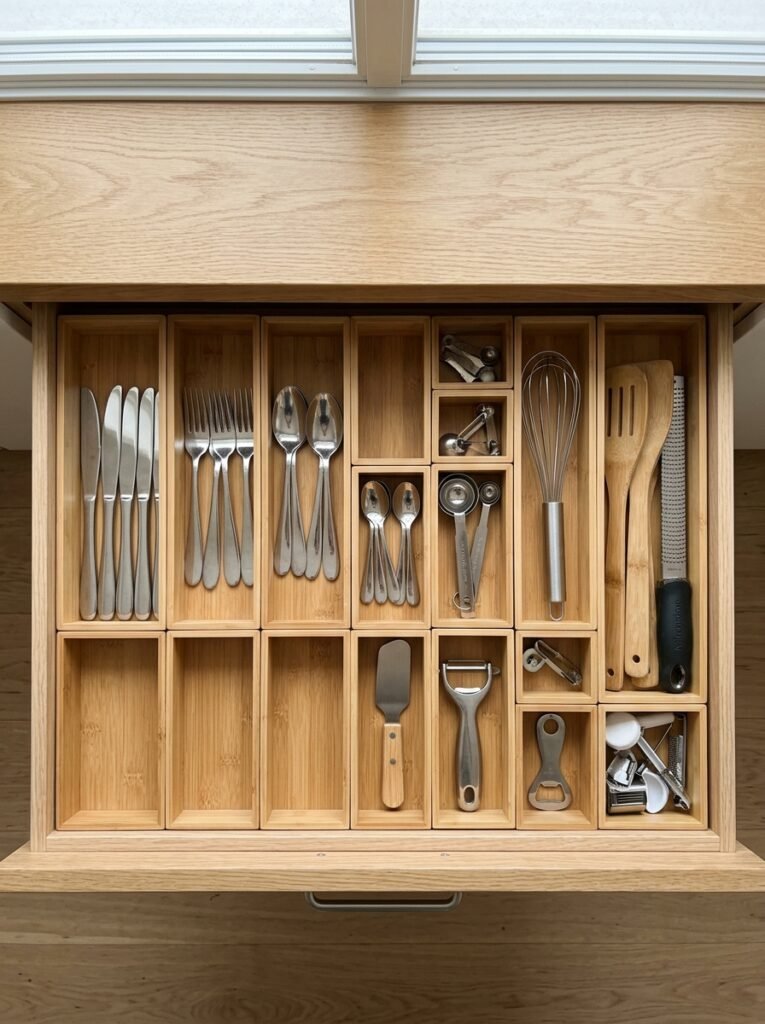 Open drawer arranged with a modular set of rectangular bamboo storage boxes.