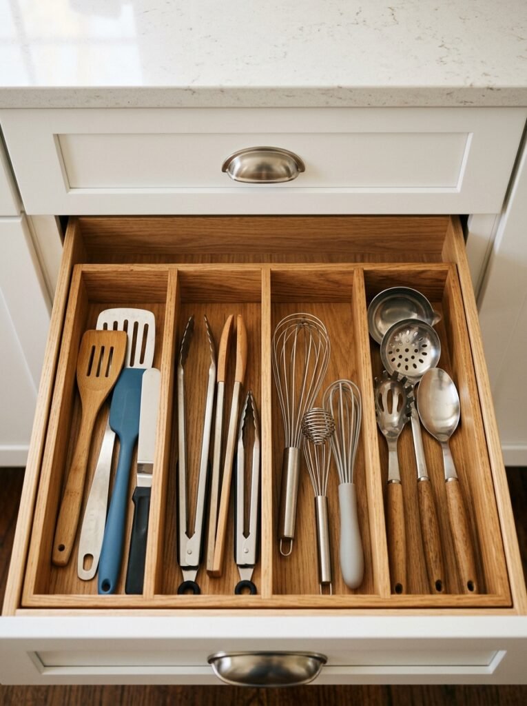 Deep kitchen drawer organized with large wooden compartments holding cooking tools.