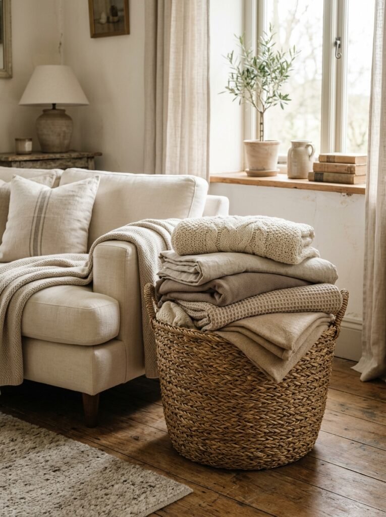 woven basket of throw blankets beside a sofa in a cozy living room
