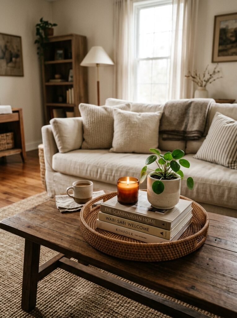 styled coffee table with a tray, books, candle and plant