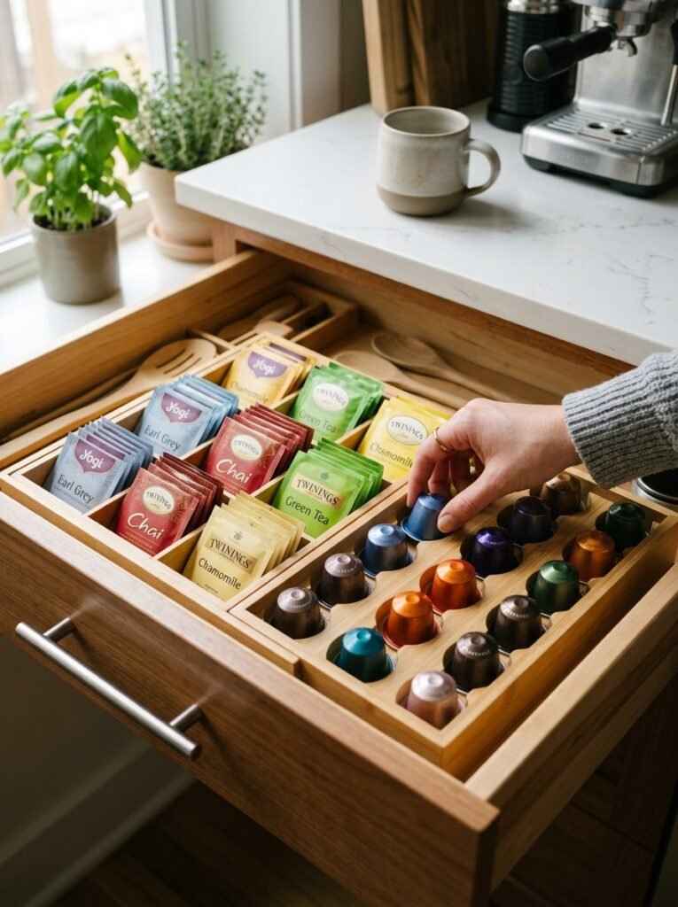 tea bag and coffee pod organizer inside drawer