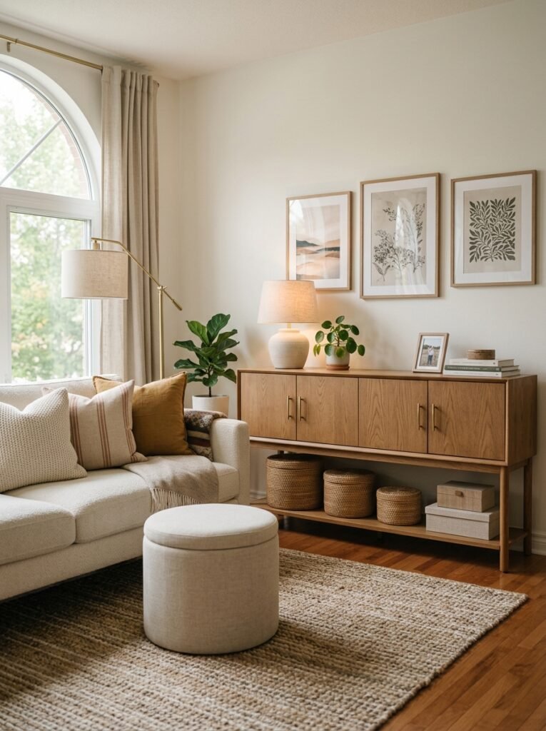 tidy cozy living room with closed storage cabinets and lidded baskets