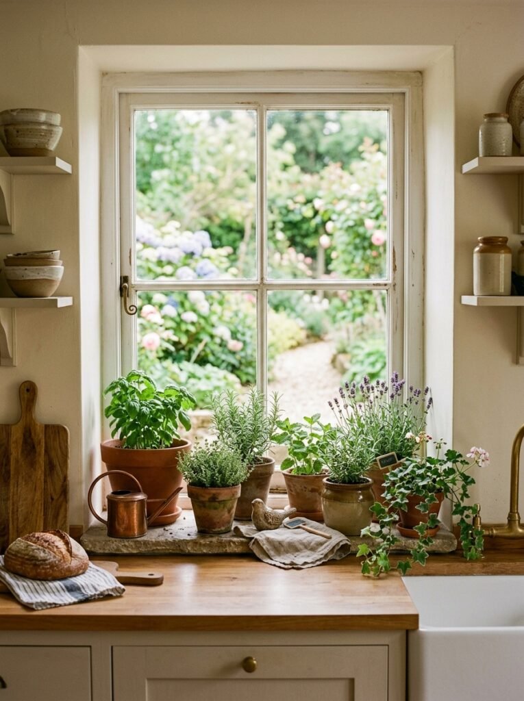 cottagecore kitchen with windowsill garden