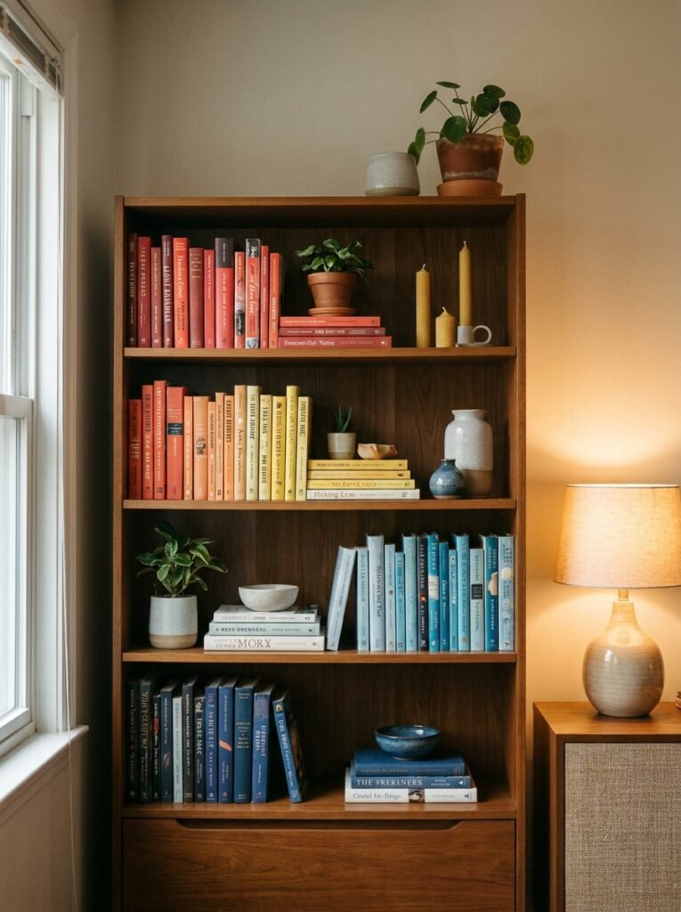 styled bookshelf with books, plants and candles in a cozy living room