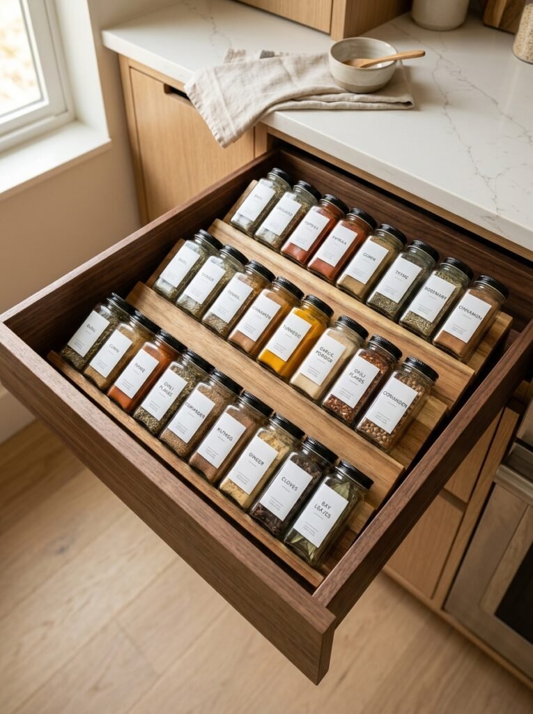 Angled tiered wooden spice tray holding labeled glass jars in an open drawer.