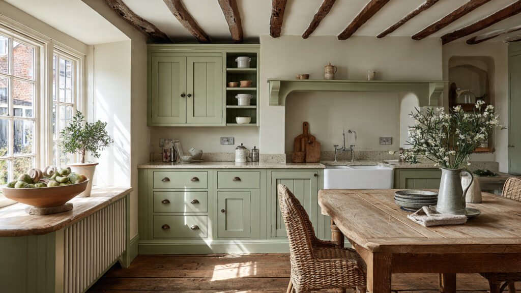 15 Cottagecore Kitchen Ideas That Look Straight Out of a Fairytale editorial style photography of a sage green cttage