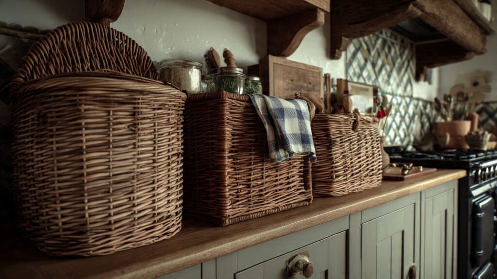 15 Cottagecore Kitchen Ideas That Look Straight Out of a Fairytale editorial style photography of wicker baskets stor