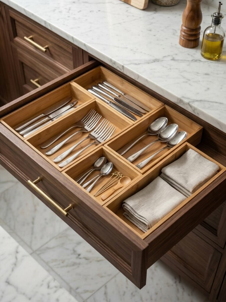 bamboo drawer organizer inside kitchen drawer
