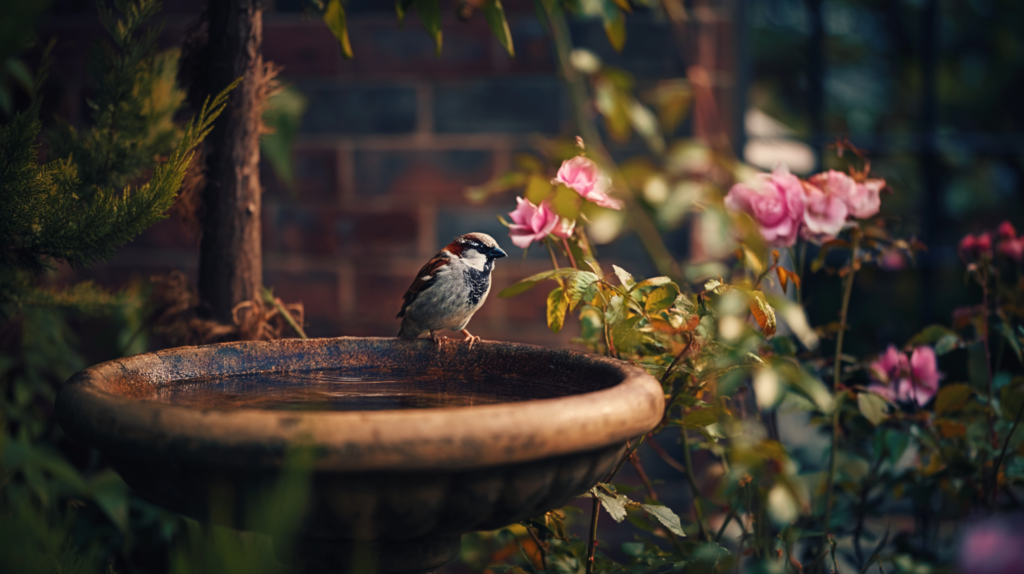 u3268376477 editorial style photgraphy closeup of a bird bath 304bd784 7125 42c0 982b b96165fd23b3 3