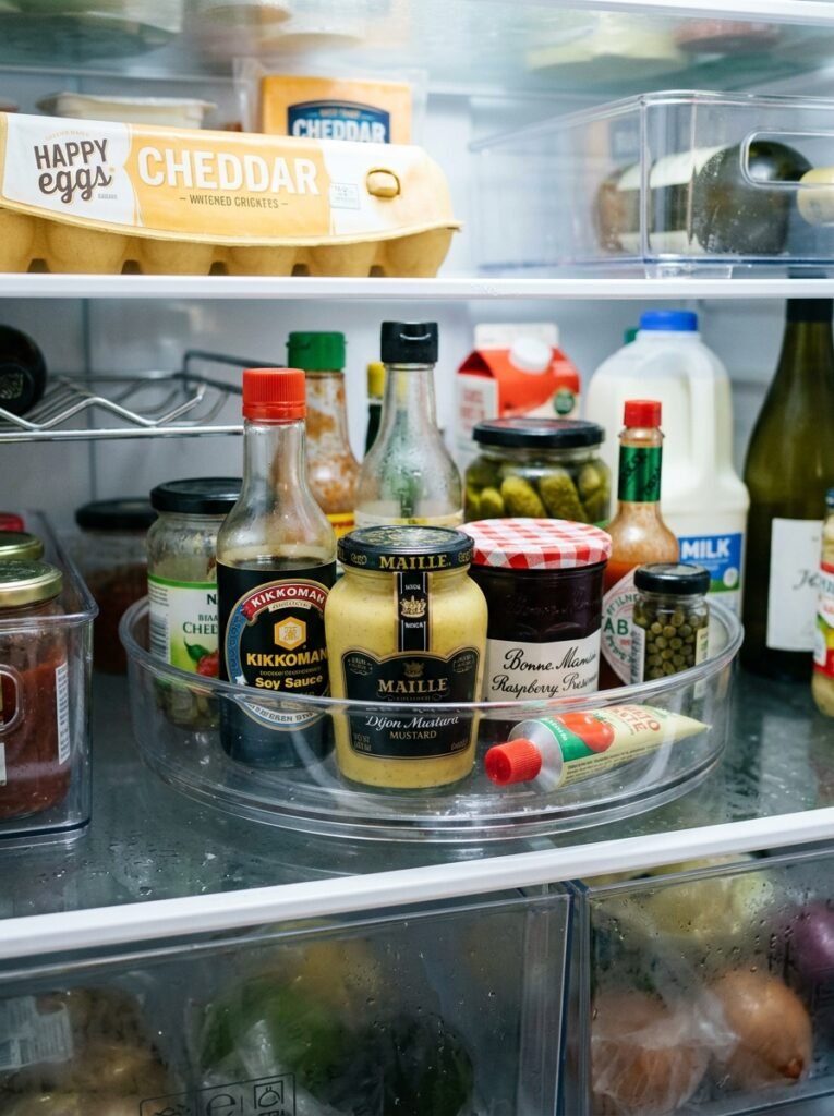 18 Clever Fridge Organization Ideas to Keep Everything Tidy lazy susan inside fridge