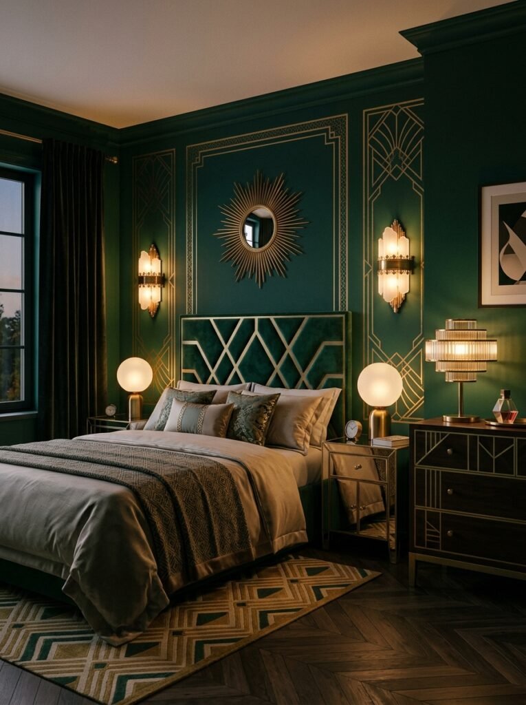 art deco bedroom with brass sconces and globe lamps