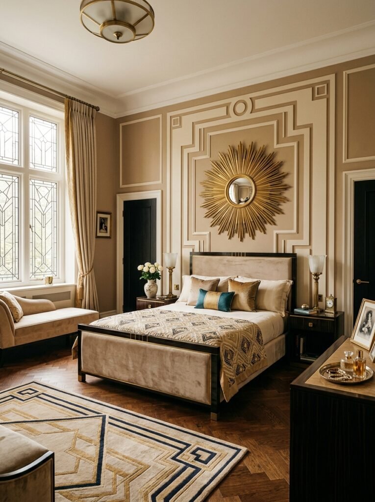 16 Stunning Art Deco Bedroom Ideas for a Glamorous Space art deco bedroom with sunburst mirror