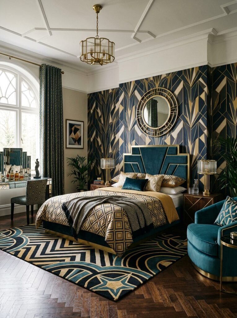 16 Stunning Art Deco Bedroom Ideas for a Glamorous Space art deco bedroom with bold geometric patterns