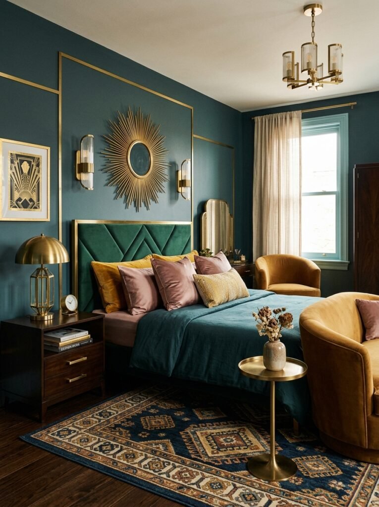 16 Stunning Art Deco Bedroom Ideas for a Glamorous Space art deco bedroom with gold and brass accents