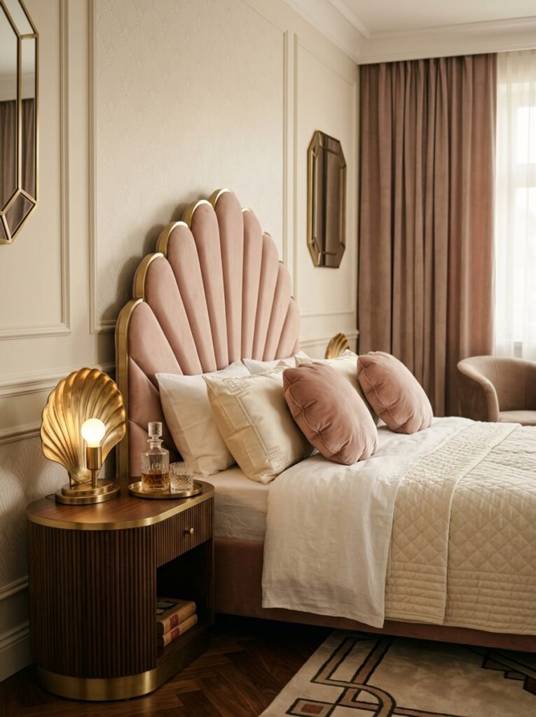 art deco bedroom with a fan-shaped headboard and scalloped cushions