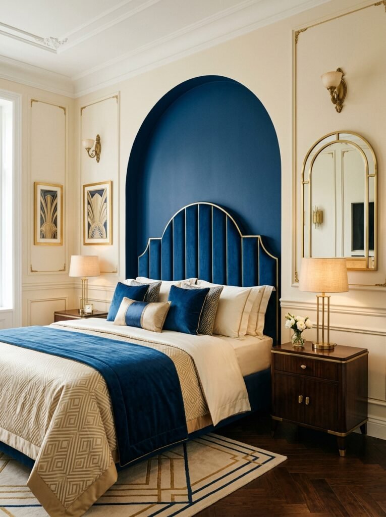 painted sapphire arch behind the bed in an art deco bedroom