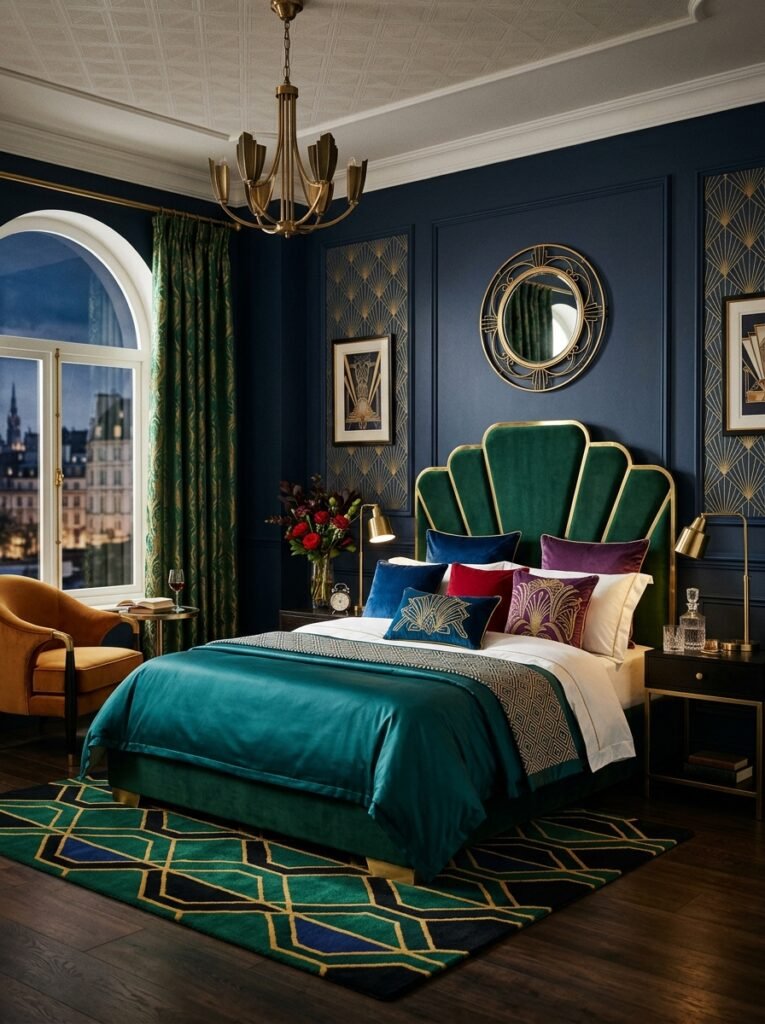 16 Stunning Art Deco Bedroom Ideas for a Glamorous Space art deco bedroom with jewel tones