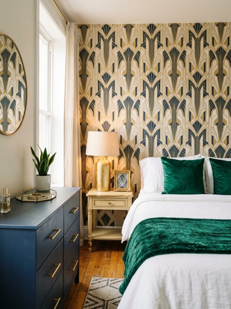 budget art deco bedroom with geometric wallpaper and velvet pillows