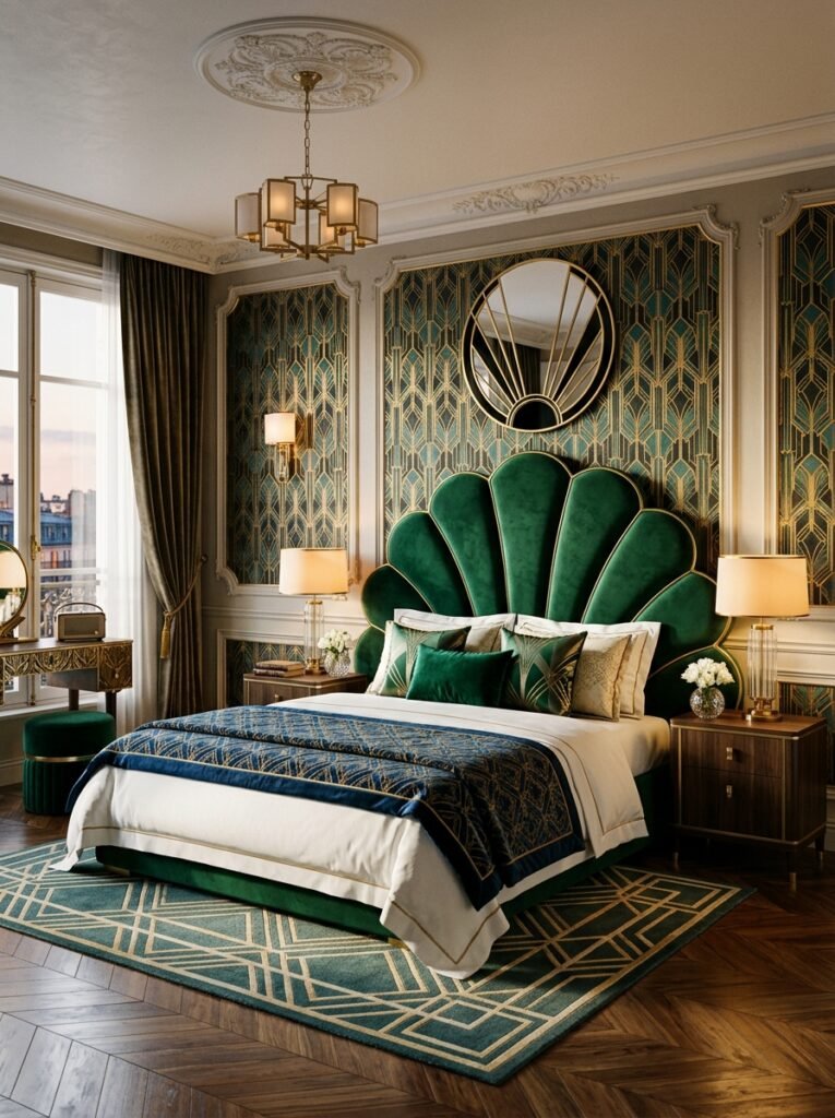 16 Stunning Art Deco Bedroom Ideas for a Glamorous Space art deco bedroom with seashell headboard