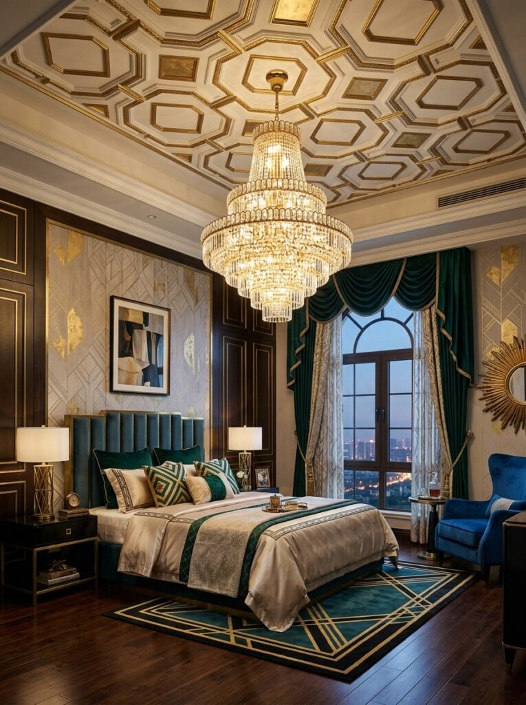 16 Stunning Art Deco Bedroom Ideas for a Glamorous Space art deco bedroom with chandelier