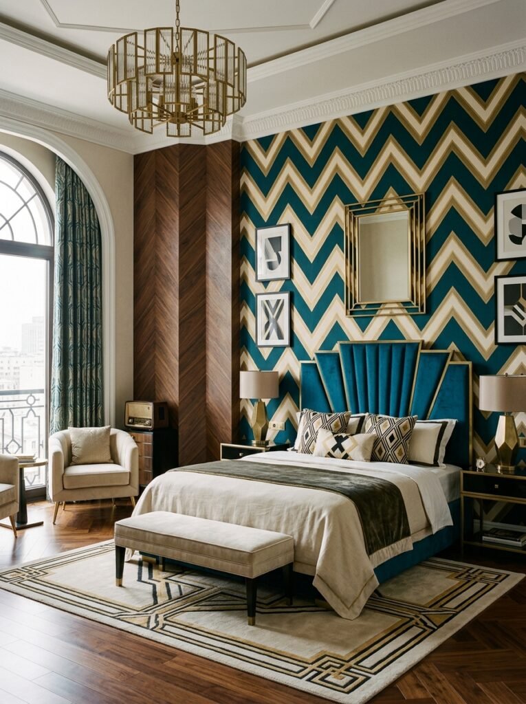 16 Stunning Art Deco Bedroom Ideas for a Glamorous Space art deco bedroom with zig zag walls