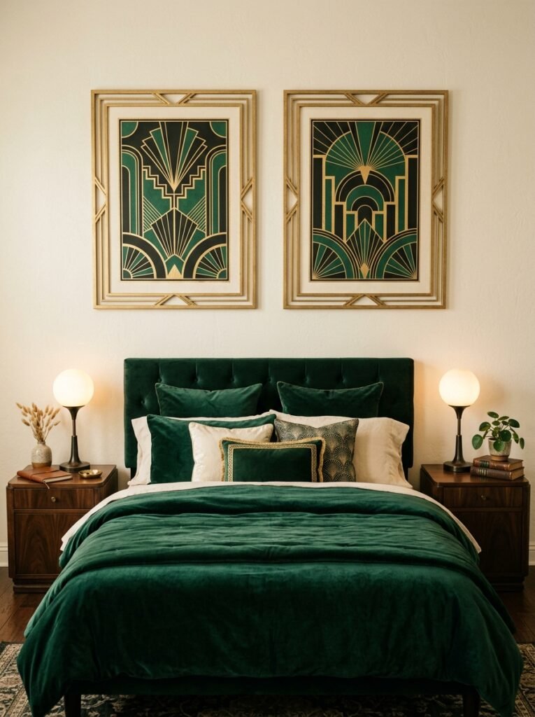 gold-framed art deco prints above matching nightstands