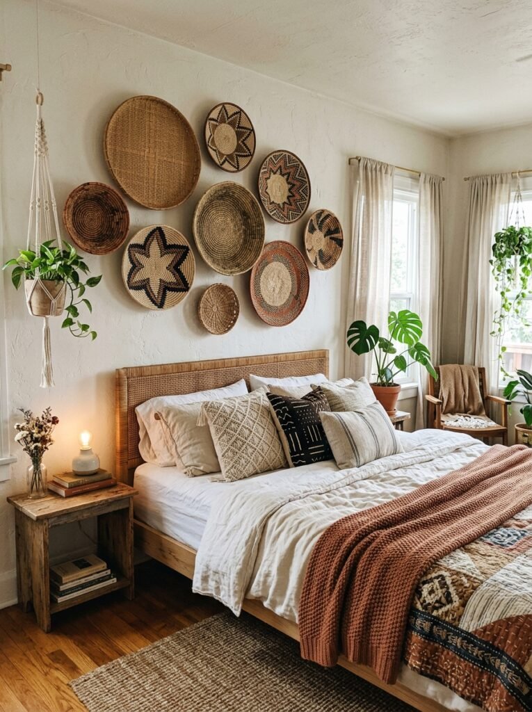boho bedroom with baskets wall art