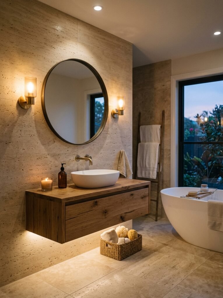 spa bathroom with warm layered lighting and dimmed sconces