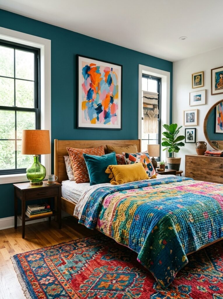 boho bedroom with vibrant colors