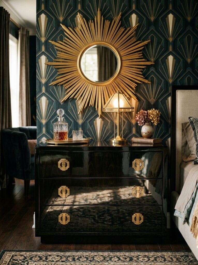 black lacquer dresser with gold pulls in an art deco bedroom