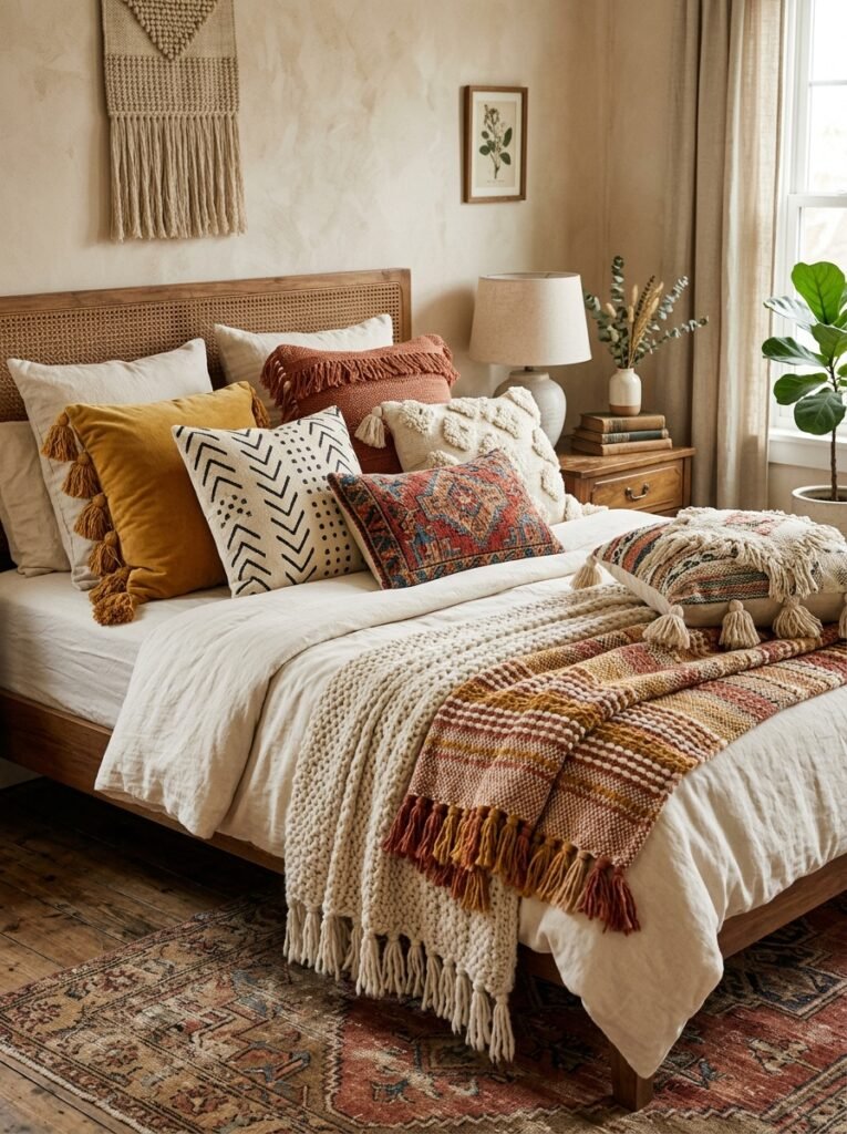 boho bed layered with tasseled pillows and a chunky knit throw